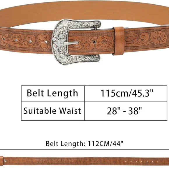 Western-Belt-for-Women-Cowgirl, PU-Leather-Waist-Belts with Vintage-Carved-Buckl - Picture 3 of 8